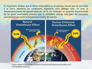 Es importante recalcar que el efecto invernadero es un proceso natural que ha permitido
a la Tierra mantener las condiciones necesarias para albergar vida: sin este, la
temperatura media del planeta sería de -18 0C. Sin embargo, un aumento descontrolado
de los gases invernadero provoca que la atmósfera retenga más calor del necesario,
aumentando por tanto la temperatura media del planeta.
Fuente: https://mrgeogwagg.wordpress.com/2015/06/24/greenhouse-effect-and-
anthropogenic-warming/
 