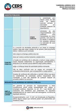 www.cers.com.br
CARREIRA JURÍDICA 2015
Direito Administrativo
Matheus Carvalho
48
AGENTES PÚBLICOS
a estabilidade vem
depois prazo de três
anos de efetivo
exercido somado à
aprovação em
avaliação especial de
desempenho.
cargos
vitalícios
atividades de alta
responsabilidade que
justificam uma
necessidade de maior
garantia, sob pena de
se admitir a incidência
de pressões políticas
na execução de suas
atividades.
FUNÇÃO
PÚBLICA
é o conjunto de atividades atribuída a um cargo ou emprego
público, seja este cargo, isolado ou de carreira, para provimento
efetivo, vitalício ou em comissão
todo cargo ou emprego público deve ter.
deve ser criada e extinta mediante a edição de lei.
a função de confiança não é atribuída a nenhum cargo público,
sendo disposta diretamente na organização administrativa e
atribuída a um servidor que já detenha cargo público efetivo.
exige a confiança direta da autoridade pública nomeante.
não se deve confundir com os cargos em comissão, já
analisados anteriormente, que correspondem a cargo público
funções de confiança são atribuídas a servidor efetivo que goze
da credibilidade da autoridade pública responsável pela
nomeação, a qual não depende de qualquer espécie de
processo seletivo ou concurso.
REQUISITOS DE INGRESSO NO SERVIÇO PÚBLICO
AMPLA
ACESSIBI
LIDADE
em garantia ao princípio da impessoalidade, o texto
constitucional prevê ampla acessibilidade aos cargos e
empregos públicos, dispondo, no art. 37, I que devem ser
acessíveis aos brasileiros que preencham os requisitos
estabelecidos em lei, assim como aos estrangeiros, na forma da
legislação aplicável.
Excepcionalmente, o art. 13, §3º, da Constituição da República,
define alguns cargos que somente podem ser preenchidos por
brasileiros natos.
 