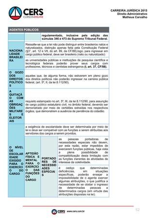 www.cers.com.br
CARREIRA JURÍDICA 2015
Direito Administrativo
Matheus Carvalho
52
AGENTES PÚBLICOS
regulamentado, inclusive pela edição das
súmulas 346 e 473 do Supremo Tribunal Federal.
NACIONA
LIDADE
BRASILEI
RA
Ressalte-se que a lei não pode distinguir entre brasileiros natos e
naturalizados, distinção apenas feita pela Constituição Federal
(§3°, art. 12 e VII, do art. 89, da CF/88),logo, para ingressar em
cargo público federal, deve ser brasileiro (nato ou naturalizado).
as universidades públicas e instituições de pesquisa científica e
tecnológica federais poderão prover seus cargos com
professores, técnicos e cientistas estrangeiros (I, art. 37, CF/88).
O GOZO
DOS
DIREITOS
POLÍTICO
S
aqueles que, de alguma forma, não estiverem em pleno gozo
dos direitos políticos não poderão ingressar na carreira pública
federal, (art. 5º, II, da lei 8.112/90).
A
QUITAÇÃ
O COM
AS
OBRIGAÇ
ÕES
MILITARE
S E
ELEITOR
AIS
requisito estampado no art. 5º, III, da lei 8.112/90, para assunção
de cargo público estatutário civil, no âmbito federal, devendo ser
demonstrado por meio de certidões extraídas nos respectivos
órgãos, que demonstrem a ausência de pendência do cidadão.
O NÍVEL
DE
ESCOLAR
IDADE
EXIGIDO
PARA O
EXERCÍCI
O DO
CARGO
a exigência de escolaridade deve ser determinada por meio de
lei e deve ser compatível com as funções a serem atribuídas aos
servidores dos cargos a serem providos.
APTIDÃO
FÍSICA E
MENTAL
PARA O
EXERCÍCI
O DAS
FUNÇÕES
DO
CARGO
PORTADO
RES DE
NECESSID
ADES
ESPECIAI
S
as pessoas portadoras de
necessidades especiais não devem,
por esta razão, estar impedidos de
exercerem funções públicas, haja vista
a plena possibilidade de
compatibilização desta limitação com
as funções inerentes às atividades de
interesse da coletividade.
é cediço que determinadas
deficiências, em situações
específicas, poderão ensejar a
impossibilidade de o agente exercer
algumas atribuições, o que justifica a
necessidade de se obstar o ingresso
de determinadas pessoas a
determinados cargos (em virtude das
atribuições dispostas na lei).
 