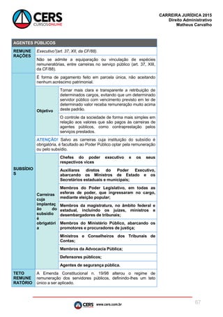 www.cers.com.br
CARREIRA JURÍDICA 2015
Direito Administrativo
Matheus Carvalho
67
AGENTES PÚBLICOS
REMUNE
RAÇÕES
Executivo”(art. 37, XII, da CF/88).
Não se admite a equiparação ou vinculação de espécies
remuneratórias, entre carreiras no serviço público (art. 37, XIII,
da CF/88).
SUBSÍDIO
S
É forma de pagamento feito em parcela única, não aceitando
nenhum acréscimo patrimonial.
Objetivo
Tornar mais clara e transparente a retribuição de
determinados cargos, evitando que um determinado
servidor público com vencimento previsto em lei de
determinado valor receba remuneração muito acima
deste padrão.
O controle da sociedade de forma mais simples em
relação aos valores que são pagos às carreiras de
agentes públicos, como contraprestação pelos
serviços prestados.
ATENÇÃO! Salvo as carreiras cuja instituição do subsídio é
obrigatória, é facultado ao Poder Público optar pela remuneração
ou pelo subsídio.
Carreiras
cuja
implantaç
ão do
subsídio
é
obrigatóri
a
Chefes do poder executivo e os seus
respectivos vices
Auxiliares diretos do Poder Executivo,
abarcando os Ministros de Estado e os
Secretários estaduais e municipais;
Membros do Poder Legislativo, em todas as
esferas de poder, que ingressaram no cargo,
mediante eleição popular;
Membros da magistratura, no âmbito federal e
estadual, incluindo os juízes, ministros e
desembargadores de tribunais;
Membros do Ministério Público, abarcando os
promotores e procuradores de justiça;
Ministros e Conselheiros dos Tribunais de
Contas;
Membros da Advocacia Pública;
Defensores públicos;
Agentes de segurança pública.
TETO
REMUNE
RATÓRIO
A Emenda Constitucional n. 19/98 alterou o regime de
remuneração dos servidores públicos, definindo-lhes um teto
único a ser aplicado.
 