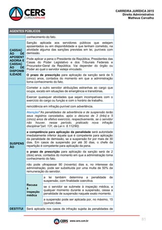 www.cers.com.br
CARREIRA JURÍDICA 2015
Direito Administrativo
Matheus Carvalho
81
AGENTES PÚBLICOS
conhecimento do fato.
CASSAÇ
ÃO DE
APOSENT
ADORIA E
CASSAÇ
ÃO DE
DISPONIB
ILIDADE
Sanção aplicada aos servidores públicos que estejam
aposentados ou em disponibilidade e que tenham cometido, na
atividade alguma das sanções previstas em lei, puníveis com
demissão.
Pode aplicar a pena o Presidente da República, Presidentes das
Casas do Poder Legislativo e dos Tribunais Federais e
Procurador-Geral da República. Vai depender do órgão ou
Poder ao qual o servidor esteja vinculado.
O prazo de prescrição para aplicação da sanção será de 5
(cinco) anos, contados do momento em que a administração
toma conhecimento do fato.
SUSPENS
ÃO
Cometer a outro servidor atribuições estranhas ao cargo que
ocupa, exceto em situações de emergência e transitórias.
Exercer quaisquer atividades que sejam incompatíveis com o
exercício do cargo ou função e com o horário de trabalho.
reincidência em infração punível com advertência.
Atenção!“As penalidades de advertência e de suspensão terão
seus registros cancelados, após o decurso de 3 (três) e 5
(cinco) anos de efetivo exercício, respectivamente, se o servidor
não houver, nesse período, praticado nova infração
disciplinar”(art. 131, da Lei n. 8.112/90).
a competência para aplicação da penalidade será autoridade
imediatamente inferior àquela que é competente para aplicação
da penalidade de demissão, se a suspensão for por mais de 30
dias. Em casos de suspensão por até 30 dias, o chefe da
repartição é competente para aplicação da pena.
o prazo de prescrição para aplicação da sanção será de 2
(dois) anos, contados do momento em que a administração toma
conhecimento do fato.
não pode ultrapassar 90 (noventa) dias e, no interesse da
administração, pode ser substituída por uma multa de 50% da
remuneração do servidor.
Recusa
à
inspeção
médica
a lei também determina a penalidade de
suspensão, com finalidade coercitiva.
se o servidor se submete à inspeção médica, a
qualquer momento durante a suspensão, cessa a
penalidade de suspensão naquele exato momento.
a suspensão pode ser aplicada por, no máximo, 15
(quinze) dias.
DESTITUI Será aplicada nos casos de infração sujeita às penalidades de
 