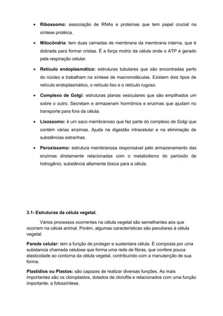 • Ribossomo: associação de RNAs e proteínas que tem papel crucial na
síntese protéica.
• Mitocôndria: tem duas camadas de membrana da membrana interna, que é
dobrada para formar cristas. É a força motriz da célula onde o ATP é gerado
pela respiração celular.
• Retículo endoplasmático: estruturas tubulares que são encontradas perto
do núcleo e trabalham na síntese de macromoléculas. Existem dois tipos de
retículo endoplasmático, o retículo liso e o retículo rugoso.
• Complexo de Golgi: estruturas planas vesiculares que são empilhados um
sobre o outro. Secretam e armazenam hormônios e enzimas que ajudam no
transporte para fora da célula.
• Lisossomo: é um saco membranoso que faz parte do complexo de Golgi que
contém várias enzimas. Ajuda na digestão intracelular e na eliminação de
substâncias estranhas.
• Peroxissomo: estrutura membranosa responsável pelo armazenamento das
enzimas diretamente relacionadas com o metabolismo do peróxido de
hidrogênio, substância altamente tóxica para a célula.
3.1- Estruturas da célula vegetal.
Vários processos ocorrentes na célula vegetal são semelhantes aos que
ocorrem na célula animal. Porém, algumas características são peculiares à célula
vegetal.
Parede celular: tem a função de proteger e sustentara célula. É composta por uma
substancia chamada celulose que forma uma rede de fibras, que confere pouca
elasticidade ao contorna da célula vegetal, contribuindo com a manutenção de sua
forma.
Plastídios ou Plastos: são capazes de realizar diversas funções. As mais
importantes são os cloroplastos, dotados de clorofila e relacionados com uma função
importante: a fotossíntese.
 
