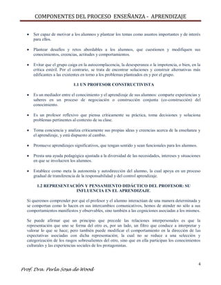 COMPONENTES DEL PROCESO ENSEÑANZA - APRENDIZAJE
4
Prof. Dra. Perla Sosa de Wood
Ser capaz de motivar a los alumnos y plantear los temas como asuntos importantes y de interés
para ellos.
Plantear desafíos y retos abordables a los alumnos, que cuestionen y modifiquen sus
conocimientos, creencias, actitudes y comportamientos.
Evitar que el grupo caiga en la autocomplacencia, la desesperanza o la impotencia, o bien, en la
crítica estéril. Por el contrario, se trata de encontrar soluciones y construir alternativas más
edificantes a las existentes en torno a los problemas planteados en y por el grupo.
1.1 UN PROFESOR CONSTRUCTIVISTA
Es un mediador entre el conocimiento y el aprendizaje de sus alumnos: comparte experiencias y
saberes en un proceso de negociación o construcción conjunta (co-construcción) del
conocimiento.
Es un profesor reflexivo que piensa críticamente su práctica, toma decisiones y soluciona
problemas pertinentes al contexto de su clase.
Toma conciencia y analiza críticamente sus propias ideas y creencias acerca de la enseñanza y
el aprendizaje, y está dispuesto al cambio.
Promueve aprendizajes significativos, que tengan sentido y sean funcionales para los alumnos.
Presta una ayuda pedagógica ajustada a la diversidad de las necesidades, intereses y situaciones
en que se involucren los alumnos.
Establece como meta la autonomía y autodirección del alumno, la cual apoya en un proceso
gradual de transferencia de la responsabilidad y del control aprendizaje.
1.2 REPRESENTACIÓN Y PENSAMIENTO DIDÁCTICO DEL PROFESOR: SU
INFLUENCIA EN EL APRENDIZAJE.
Si queremos comprender por qué el profesor y el alumno interactúan de una manera determinada y
se comportan como lo hacen en sus intercambios comunicativos, hemos de atender no sólo a sus
comportamientos manifiestos y observables, sino también a las cogniciones asociadas a los mismos.
Se puede afirmar que un principio que precede las relaciones interpersonales es que la
representación que uno se forma del otro es, por un lado, un filtro que conduce a interpretar y
valorar lo que se hace; pero también puede modificar el comportamiento en la dirección de las
expectativas asociadas con dicha representación; la cual no se reduce a una selección y
categorización de los rasgos sobresalientes del otro, sino que en ella participan los conocimientos
culturales y las experiencias sociales de los protagonistas.
 
