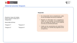 Material concreto: Tangram
Organizar mesas de trabajo
(como mínimo 4 mesas de 4
integrantes)
Desarrollas la fichas:
“Tangram 1”
“Tangram 2”
“Tangram 3”
“Tangram 4”
• En el desarrollo de las competencias cuales
son las estrategias heurísticas empleadas.
• Respecto al desarrollo de la competencia,
cuales son los posibles errores/dificultades
que son posibles de atender con el material
concreto y la actividad planteada.
• Cuales son las características de cada ficha y
entre ellas en un sentido de progresión de la
competencia.
Responder:
 
