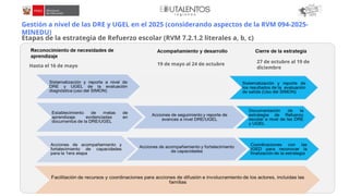 Gestión a nivel de las DRE y UGEL en el 2025 (considerando aspectos de la RVM 094-2025-
MINEDU)
Etapas de la estrategia de Refuerzo escolar (RVM 7.2.1.2 literales a, b, c)
Hasta el 16 de mayo 19 de mayo al 24 de octubre 27 de octubre al 19 de
diciembre
 
