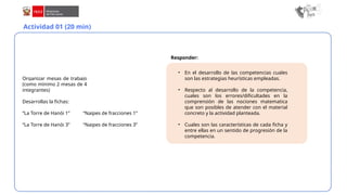 Actividad 01 (20 min)
Organizar mesas de trabajo
(como mínimo 2 mesas de 4
integrantes)
Desarrollas la fichas:
“La Torre de Hanói 1”
“La Torre de Hanói 3”
“Naipes de fracciones 1”
“Naipes de fracciones 3”
• En el desarrollo de las competencias cuales
son las estrategias heurísticas empleadas.
• Respecto al desarrollo de la competencia,
cuales son los errores/dificultades en la
comprensión de las nociones matematica
que son posibles de atender con el material
concreto y la actividad planteada.
• Cuales son las características de cada ficha y
entre ellas en un sentido de progresión de la
competencia.
Responder:
 