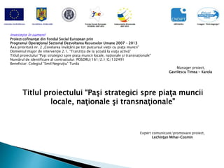 Investeşte în oameni!
Proiect cofinanţat din Fondul Social European prin
Programul Operaţional Sectorial Dezvoltarea Resurselor Umane 2007 – 2013
Axa prioritară nr. 2 „Corelarea învăţării pe tot parcursul vieţii cu piața muncii”
Domeniul major de intervenţie 2.1. “Tranziția de la școală la viața activă”
Titlul proiectului ”Paşi strategici spre piaţa muncii locale, naţionale şi transnaţionale"
Numărul de identificare al contractului: POSDRU/161/2.1/G/132491
Beneficiar: Colegiul ”Emil Negruțiu” Turda
Manager proiect,
Gavrilescu Timea - Karola
Titlul proiectului “Paşi strategici spre piaţa muncii
locale, naţionale şi transnaţionale”
Expert comunicare/promovare proiect,
Lechinţan Mihai-Cosmin
 