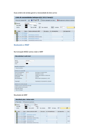 Duas ordens de vendas geram a necessidade de dois carros
Rodando o MRP
Na transação MD02 vamos rodar o MRP
Resultado do MRP
 