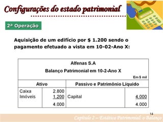 Configurações do estado patrimonial2ª OperaçãoAquisição de um edifício por $ 1.200 sendo o pagamento efetuado a vista em 10-02-Ano X:14Capítulo 2 – Estática Patrimonial: o Balanço