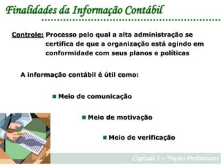 Finalidades da Informação ContábilControle: Processo pelo qual a alta administração se 	                     certifica de que a organização está agindo em                 conformidade com seus planos e políticasA informação contábil é útil como: Meio de comunicação Meio de motivação Meio de verificaçãoCapítulo 1 – Noções Preliminares