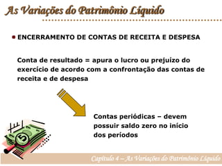As Variações do Patrimônio Líquido ENCERRAMENTO DE CONTAS DE RECEITA E DESPESAConta de resultado = apura o lucro ou prejuízo do exercício de acordo com a confrontação das contas de receita e de despesaContas periódicas – devem possuir saldo zero no início dos períodosCapítulo 4 – As Variações do Patrimônio Líquido