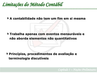 Limitações do Método Contábil A contabilidade não tem um fim em si mesma Trabalha apenas com eventos mensuráveis e  não aborda elementos não quantitativos Princípios, procedimentos de avaliação e  terminologia discutíveisCapítulo 1 – Noções Preliminares