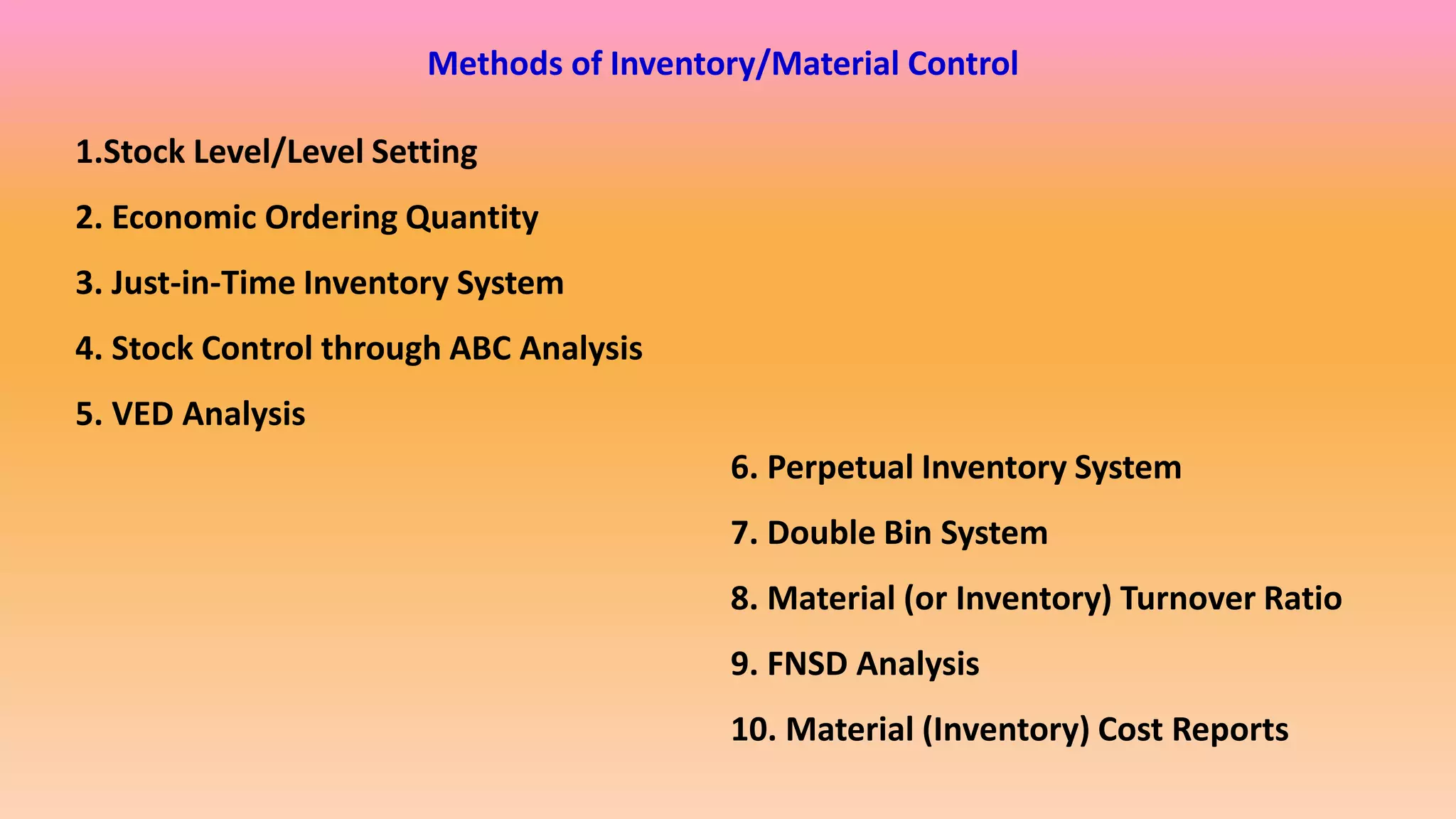 Methods of Inventory/Material Control
1.Stock Level/Level Setting
2. Economic Ordering Quantity
3. Just-in-Time Inventory System
4. Stock Control through ABC Analysis
5. VED Analysis
6. Perpetual Inventory System
7. Double Bin System
8. Material (or Inventory) Turnover Ratio
9. FNSD Analysis
10. Material (Inventory) Cost Reports
 