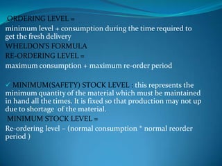 ORDERING LEVEL =
minimum level + consumption during the time required to
get the fresh delivery
WHELDON’S FORMULA
RE-ORDERING LEVEL =
maximum consumption + maximum re-order period
 MINIMUM(SAFETY) STOCK LEVEL : this represents the

minimum quantity of the material which must be maintained
in hand all the times. It is fixed so that production may not up
due to shortage of the material.
MINIMUM STOCK LEVEL =
Re-ordering level – (normal consumption * normal reorder
period )

 