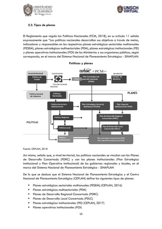 16
2.3. Tipos de planes
El Reglamento que regula las Políticas Nacionales (PCM, 2018), en su artículo 11 señala
expresamente que “Las políticas nacionales desarrollan sus objetivos a través de metas,
indicadores y responsables en los respectivos planes estratégicos sectoriales multianuales
(PESEM), planes estratégicos multisectoriales (PEM), planes estratégicos institucionales (PEI)
y planes operativos institucionales (POI) de los Ministerios y sus organismos públicos, según
corresponda, en el marco del Sistema Nacional de Planeamiento Estratégico - SINAPLAN.
Políticas y planes
Fuente: CEPLAN, 2018
Así mismo, señala que, a nivel territorial, las políticas nacionales se vinculan con los Planes
de Desarrollo Concertado (PDRC) y con los planes institucionales (Plan Estratégico
Institucional y Plan Operativo Institucional) de los gobiernos regionales y locales, en el
marco del Sistema Nacional de Planeamiento Estratégico - SINAPLAN
De lo que se deduce que el Sistema Nacional de Planeamiento Estratégico y el Centro
Nacional de Planeamiento Estratégico (CEPLAN) define los siguientes tipos de planes:
▪ Planes estratégicos sectoriales multianuales (PESEM) (CEPLAN, 2016)
▪ Planes estratégicos multisectoriales (PEM)
▪ Planes de Desarrollo Regional Concertado (PDRC)
▪ Planes de Desarrollo Local Concertado (PDLC)
▪ Planes estratégicos institucionales (PEI) (CEPLAN, 2017)
▪ Planes operativos institucionales (POI)
 