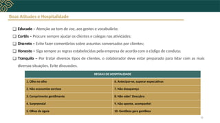 Boas Atitudes e Hospitalidade
❑ Educado – Atenção ao tom de voz, aos gestos e vocabulário;
❑ Cortês – Procure sempre ajudar os clientes e colegas nas atividades;
❑ Discreto – Evite fazer comentários sobre assuntos conversados por clientes;
❑ Honesto – Siga sempre as regras estabelecidas pela empresa de acordo com o código de conduta;
❑ Tranquilo – Por tratar diversos tipos de clientes, o colaborador deve estar preparado para lidar com as mais
diversas situações. Evite discussões.
REGRAS DE HOSPITALIDADE
1. Olho no olho 6. Antecipar-se, superar expectativas
2. Não economize sorrisos 7. Não desapareça
3. Cumprimente gentilmente 8. Não sabe? Descubra
4. Surpreenda! 9. Não aponte, acompanhe!
5. Olhos de águia 10. Gentileza gera gentileza
16
 