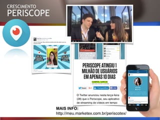 PERISCOPE
CRESCIMENTO
MAIS INFO:
http://meu.marketex.com.br/periscotex/
 