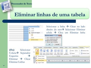 Processador de Texto




          Eliminar linhas de uma tabela
                              Selecionar a linha  Clicar no lado
                              direito do rato Selecionar Eliminar
                              célula  Clica em Eliminar linha
                              completa




     (Ou)       Selecionar
     Coluna Separador
     Esquema            
     Eliminar  Clicar
     Eliminar Linhas
15
 