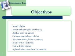 Processador de Texto




                             Objectivos

    o   Inserir tabelas;
    o   Editar texto/imagens em tabelas;
    o   Alinhar texto em células
    o   Ordenar conteúdo em tabelas
        Selecionar tabela, linhas e colunas;
        Inserir linhas e colunas;
    o   Unir e dividir células;
    o   Aplicar limites e sombreados a tabelas.
3
 