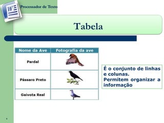 Processador de Texto




                           Tabela



                                    É o conjunto de linhas
                                    e colunas.
                                    Permitem organizar a
                                    informação




6
 