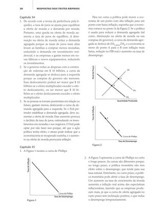 20 RESPOSTAS DOS TESTES RÁPIDOS
Capítulo 34
1. De acordo com a teoria da preferência pela li-
quidez, a taxa de juros se ajusta para equilibrar
a oferta de moeda e a demanda por moeda.
Portanto, uma queda na oferta de moeda au-
menta a taxa de juros de equilíbrio. A dimi-
nuição na oferta de moeda reduz a demanda
agregada porque as taxas de juros mais altas
levam as famílias a comprar menos moradias,
reduzindo a demanda em investimento resi-
dencial, e as empresas a gastar menos em no-
vas fábricas e novos equipamentos, reduzindo
os investimentos.
2. Se o governo reduz as despesas com a constru-
ção de rodovias em $ 10 bilhões, a curva da
demanda agregada se desloca para a esquerda
porque as compras do governo são menores.
Esse deslocamento poderá ser maior que $ 10
bilhões se o efeito multiplicador exceder o efei-
to deslocamento, ou ser menor que $ 10 bi-
lhões se o efeito deslocamento exceder o efeito
multiplicador.
3. Se as pessoas se tornam pessimistas em relação ao
futuro, gastam menos, deslocando a curva da de-
manda agregada para a esquerda. Se o Fed pre-
tender estabilizar a demanda agregada, deve au-
mentar a oferta de moeda. Esse aumento provoca
o declínio da taxa de juros, estimulando os inves-
timentos em moradia e nos negócios. O Fed pode
optar por não fazer isso porque, até que a ação
política tenha efeito, o atraso pode indicar que a
economia teria se recuperado sozinha, e o aumen-
to na oferta de moeda provocaria inflação.
Capítulo 35
1. A Figura 1 mostra a curva de Phillips.
Para ver como a política pode mover a eco-
nomia de um ponto com alta inflação para um
ponto com baixa inflação, suponha que a econo-
mia comece no ponto A da Figura 2. Se a política
é usada para reduzir a demanda agregada (tal
como, diminuição na oferta de moeda ou nas
compras do governo), a curva da demanda agre-
gada se desloca de DA1 para DA2, e a economia se
move do ponto A para o B com inflação mais
baixa, redução no PIB real e aumento na taxa de
desemprego.
Taxa de Desemprego
Curva de Phillips
Figura 1
TaxadeInflação
2. A Figura 3 apresenta a curva de Phillips no curto
e longo prazos. As curvas são diferentes porque,
no longo prazo, a política monetária não tem
efeito sobre o desemprego, que tende para sua
taxa natural. Entretanto, no curto prazo, a políti-
ca monetária pode afetar a taxa de desemprego.
Um aumento na taxa de crescimento da moeda
aumenta a inflação real acima das expectativas
inflacionárias, fazendo que as empresas produ-
zam mais, já que a curva de oferta agregada no
curto prazo tem inclinação positiva, o que reduz
o desemprego temporariamente.
TaxadeInflação
Taxa de Desemprego
Curva de Phillips
A
B
Figura 2
NíveldePreços
Quantidade Produzida
A
OA
DA1
DA2
B
eco_39-Resposta dos testes.indd 20eco_39-Resposta dos testes.indd 20 09.11.09 10:47:4809.11.09 10:47:48
 