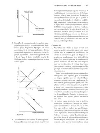 21RESPOSTAS DOS TESTES RÁPIDOS
3. Exemplos de choques favoráveis na oferta agre-
gada incluem melhora na produtividade e declí-
nio no preço do petróleo. Qualquer um deles
desloca a curva da oferta agregada para a direita,
aumentando a produção e reduzindo o nível de
preços, o que move a economia do ponto A para
o B, na Figura 4. Como resultado, a curva de
Phillips se desloca para a esquerda, como mostra
aquela figura.
de redução da inflação em 1 ponto percentual. A
credibilidade do comprometimento do Fed para
reduzir a inflação pode afetar a taxa de sacrifício
porque afeta a velocidade com que se ajustam as
expectativas de inflação. Se o Fed tem credibili-
dade para reduzir a inflação, as pessoas reduzem
as expectativas de inflação rapidamente, a curva
de Phillips no curto prazo se desloca para baixo
e o custo da redução da inflação será baixo em
termos de perda de produção. Porém, se o Fed
não tem credibilidade, as pessoas não diminuem
suas expectativas inflacionárias rapidamente, e o
custo de redução da inflação será alto, em ter-
mos de perda de produção.
Capítulo 36
1. As políticas monetárias e fiscais operam com
atraso. A política monetária opera com atraso
porque afeta as despesas de investimento das
famílias e das empresas, pois tais despesas são
geralmente estabelecidas com antecedência.
Assim, leva tempo para que as mudanças na
política monetária, por meio das taxas de juros,
afete os investimentos. A política fiscal opera
com atraso por causa do longo processo político
que rege as mudanças nas despesas do governo
e nos impostos.
Esses atrasos são importantes para escolher
entre política ativa e passiva, pois, se os atrasos
são longos, a política deve ser estabelecida no
momento presente, prevendo condições no fu-
turo, sobre as quais se podem apenas fazer con-
jeturas. Como as condições econômicas podem
se alterar entre o momento em que uma política
é implementada e o momento em que ela pro-
voca efeitos,as mudanças políticas podem provo-
car desestabilização. Portanto, os longos atra-
sos sugerem uma política passiva, em vez de
uma ativa.
2. Há muitas regras possíveis para as políticas
monetárias. Um exemplo é a regra que estabe-
lece o crescimento da moeda em 3% ao ano.
Essa regra pode ser melhor que a política dis-
cricionária,porque evita o ciclo político de negó-
cios e o problema de inconsistência temporal.
Pode ser pior que a política discricionária por-
que o Fed ficaria de mãos atadas quando ocor-
ressem choques na economia. Por exemplo, em
resposta a uma quebra no mercado de ações,
TaxadeInflação
Taxa de Desemprego
Curva de Phillips
no longo prazo
Curva de Phillips
no curto prazo
Figura 3
4. Taxa de sacrifício é o número de pontos percen-
tuais perdidos na produção anual, no processo
TaxadeInflação
Taxa de Desemprego
A
CP1
CP2
B
NíveldePreços
Quantidade
Produzida
A
B
OA2
OA1
DA
Y2
Y1
P2
P1
Figura 4
eco_39-Resposta dos testes.indd 21eco_39-Resposta dos testes.indd 21 09.11.09 10:47:4909.11.09 10:47:49
 