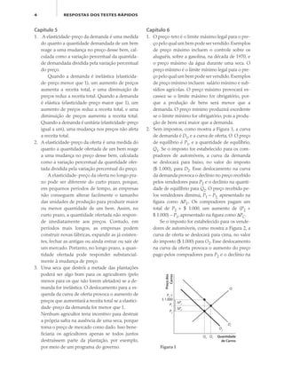 4 RESPOSTAS DOS TESTES RÁPIDOS
Capítulo 5
1. A elasticidade-preço da demanda é uma medida
do quanto a quantidade demandada de um bem
reage a uma mudança no preço desse bem, cal-
culada como a variação percentual da quantida-
de demandada dividida pela variação percentual
do preço.
Quando a demanda é inelástica (elasticida-
de-preço menor que 1), um aumento de preços
aumenta a receita total, e uma diminuição de
preços reduz a receita total. Quando a demanda
é elástica (elasticidade-preço maior que 1), um
aumento de preços reduz a receita total, e uma
diminuição de preços aumenta a receita total.
Quando a demanda é unitária (elasticidade-preço
igual a um), uma mudança nos preços não afeta
a receita total.
2. A elasticidade-preço da oferta é uma medida do
quanto a quantidade ofertada de um bem reage
a uma mudança no preço desse bem, calculada
como a variação percentual da quantidade ofer-
tada dividida pela variação percentual do preço.
A elasticidade-preço da oferta no longo pra-
zo pode ser diferente do curto prazo, porque,
em pequenos períodos de tempo, as empresas
não conseguem alterar facilmente o tamanho
das unidades de produção para produzir maior
ou menor quantidade de um bem. Assim, no
curto prazo, a quantidade ofertada não respon-
de imediatamente aos preços. Contudo, em
períodos mais longos, as empresas podem
construir novas fábricas, expandir as já existen-
tes, fechar as antigas ou ainda entrar ou sair de
um mercado. Portanto, no longo prazo, a quan-
tidade ofertada pode responder substancial-
mente à mudança de preço.
3. Uma seca que destrói a metade das plantações
poderá ser algo bom para os agricultores (pelo
menos para os que não forem afetados) se a de-
manda for inelástica. O deslocamento para a es-
querda da curva de oferta provoca o aumento de
preços que aumentará a receita total se a elastici-
dade-preço da demanda for menor que 1.
Nenhum agricultor teria incentivo para destruir
a própria safra na ausência de uma seca, porque
toma o preço de mercado como dado. Isso bene-
ficiaria os agricultores apenas se todos juntos
destruíssem parte da plantação, por exemplo,
por meio de um programa do governo.
Capítulo 6
1. O preço-teto é o limite máximo legal para o pre-
ço pelo qual um bem pode ser vendido.Exemplos
de preço máximo incluem o controle sobre os
aluguéis, sobre a gasolina, na década de 1970, e
o preço máximo da água durante uma seca. O
preço mínimo é o limite mínimo legal para o pre-
ço pelo qual um bem pode ser vendido.Exemplos
de preço mínimo incluem salário mínimo e sub-
sídios agrícolas. O preço máximo provocará es-
cassez se o limite máximo for obrigatório, por-
que a produção de bens será menor que a
demanda. O preço mínimo produzirá excedente
se o limite mínimo for obrigatório, pois a produ-
ção de bens será maior que a demanda.
2. Sem impostos, como mostra a Figura 1, a curva
de demanda é D1, e a curva de oferta, O. O preço
de equilíbrio é P1, e a quantidade de equilíbrio,
Q1. Se o imposto for estabelecido para os com-
pradores de automóveis, a curva da demanda
se deslocará para baixo, no valor do imposto
($ 1.000), para D2. Esse deslocamento na curva
da demanda provoca o declínio no preço recebido
pelos vendedores para P2 e o declínio na quanti-
dade de equilíbrio para Q2. O preço recebido pe-
los vendedores diminui, P1 – P2, apresentado na
figura como ΔPV. Os compradores pagam um
total de P2 + $ 1.000, um aumento de (P2 +
$ 1.000) – P1, apresentado na figura como ΔPC.
Se o imposto for estabelecido para os vende-
dores de automóveis, como mostra a Figura 2, a
curva de oferta se deslocará para cima, no valor
do imposto ($ 1.000) para O2. Esse deslocamento
na curva da oferta provoca o aumento do preço
pago pelos compradores para P2 e o declínio na
Preçodos
Carros
Quantidade
de Carros
O
P2
+
$ 1.000
P1
P2
Q2
Q1
D1
ΔPC
ΔPV
D2
Figura 1
eco_39-Resposta dos testes.indd 4eco_39-Resposta dos testes.indd 4 09.11.09 10:47:3909.11.09 10:47:39
 