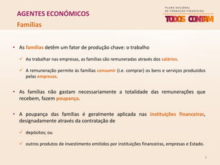 5
AGENTES ECONÓMICOS
• As famílias detêm um fator de produção chave: o trabalho
 Ao trabalhar nas empresas, as famílias são remuneradas através dos salários.
 A remuneração permite às famílias consumir (i.e. comprar) os bens e serviços produzidos
pelas empresas.
• As famílias não gastam necessariamente a totalidade das remunerações que
recebem, fazem poupança.
• A poupança das famílias é geralmente aplicada nas instituições financeiras,
designadamente através da contratação de
 depósitos; ou
 outros produtos de investimento emitidos por instituições financeiras, empresas e Estado.
Famílias
 