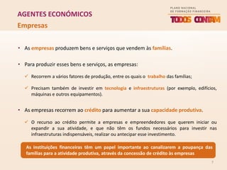 7
AGENTES ECONÓMICOS
• As empresas produzem bens e serviços que vendem às famílias.
• Para produzir esses bens e serviços, as empresas:
 Recorrem a vários fatores de produção, entre os quais o trabalho das famílias;
 Precisam também de investir em tecnologia e infraestruturas (por exemplo, edifícios,
máquinas e outros equipamentos).
• As empresas recorrem ao crédito para aumentar a sua capacidade produtiva.
 O recurso ao crédito permite a empresas e empreendedores que querem iniciar ou
expandir a sua atividade, e que não têm os fundos necessários para investir nas
infraestruturas indispensáveis, realizar ou antecipar esse investimento.
Empresas
As instituições financeiras têm um papel importante ao canalizarem a poupança das
famílias para a atividade produtiva, através da concessão de crédito às empresas
 
