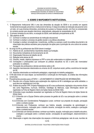 GOVERNO DO DISTRITO FEDERAL
SECRETARIA DE ESTADO DE EDUCAÇÃO
COORDENAÇÃO REGIONAL DE ENSINO DE TAGUATINGA
SERVIÇO ESPECIALIZADO DE APOIO À APRENDIZAGEM
15/36
MATERIAL DE APOIO DO SEAA TAGUATINGA: ORIENTAÇÕES PARA ATUAÇÃO
II. SOBRE O MAPEAMENTO INSTITUCIONAL
1. O Mapeamento Institucional (MI) é uma das dimensões de atuação do SEAA e se constitui em aspecto
fundamental da atuação preventiva e institucional do Serviço. É etapa de análise da instituição educacional como
um todo, em suas diversas dimensões, promotoras de sucesso ou fracasso escolar, com foco na compreensão
do contexto escolar para atuação intencional, sistematizada, adequada às necessidades da UE.
2. O primeiro bimestre do ano letivo, na atuação do SEAA, será dedicado principalmente ao MI.
3. São objetivos do MI:
3.1. Conhecer e analisar as características da instituição educacional;
3.2. Conhecer e analisar o processo de gestão escolar e as práticas educativas;
3.3. Investigar e analisar convergências, incoerências, conflitos ou avanços a partir da análise documental e da
observação das práticas escolares para proposição de ações para a promoção de uma cultura de sucesso
escolar.
4. Ao longo do MI os profissionais das EEAA devem investigar:
4.1. História da UE, acontecimentos importantes desde sua fundação;
4.2. Documentos norteadores do funcionamento da UE;
4.3. Organização/ Estrutura de trabalho da UE;
4.4. Relações entre atores da UE;
4.5. Filosofia, missão, objetivos expressos no PPP e como são evidenciados no cotidiano escolar;
4.6. Concepções e pressupostos que conduzem as práticas educativas na UE e como são vivenciados/
praticados no cotidiano;
4.7. Percepção dos professores e demais servidores sobre a UE;
4.8. Aspectos macrossociais relacionados ao universo da UE: conjuntura social, política, econômica de inserção
da UE;
4.9. Aspectos relacionados ao rendimento pedagógico, organização do trabalho pedagógico.
5. O MI está divido em duas etapas: (a) levantamento e construção de informações, (b) análise das informações
construídas
6. Procedimentos previstos para a ETAPA 1 – LEVANTAMENTO E CONSTRUÇÃO DE INFORMAÇÕES:
6.1. Reunião com a Equipe Gestora para explanação dos objetivos do MI e estratégias que serão adotadas, a
qual deve ser registrada em Livro Ata;
6.2. Análise documental: PPP, Projetos Pedagógicos da UE e seus profissionais, legislação e documentos oficiais
tais como Regimentos, Currículo, Diretrizes, Estratégia de Matrícula, cujas informações devem ser
registradas na Ficha de Registro Interno de Ações Gerais da EEAA/ SAA;
6.3. Entrevistas (cujos resultados necessitam ser registrados na Ficha de Registro Interno de Ações Gerais da
EEAA/ SAA):
6.3.1.Entrevista com a Equipe Diretiva sobre processo de gestão da UE e sua percepção sobre o contexto
escolar;
6.3.2.Entrevista com Coordenadores Pedagógicos Locais: conhecer sua proposta de atuação, percepção
sobre o contexto escolar;
6.3.3.Entrevista com Professores: conhecer sua história, atuação, concepções de aprendizagem e
desenvolvimento, motivação para o trabalho docente, concepção de ensino, avaliação e percepção
sobre o contexto escolar;
6.3.4.Entrevista com demais servidores: conhecer sua história, atuação, motivação para o trabalho educativo,
avaliação e percepção sobre o contexto escolar, concepções de aprendizagem, desenvolvimento e
ensino.
6.4. Observação e registro das observações dos espaços e dinâmicas pedagógicas: sala de aula, reuniões de
 