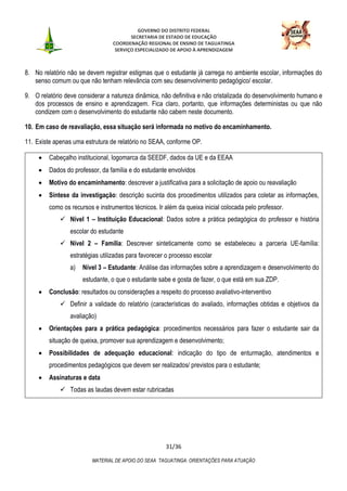 GOVERNO DO DISTRITO FEDERAL
SECRETARIA DE ESTADO DE EDUCAÇÃO
COORDENAÇÃO REGIONAL DE ENSINO DE TAGUATINGA
SERVIÇO ESPECIALIZADO DE APOIO À APRENDIZAGEM
31/36
MATERIAL DE APOIO DO SEAA TAGUATINGA: ORIENTAÇÕES PARA ATUAÇÃO
8. No relatório não se devem registrar estigmas que o estudante já carrega no ambiente escolar, informações do
senso comum ou que não tenham relevância com seu desenvolvimento pedagógico/ escolar.
9. O relatório deve considerar a natureza dinâmica, não definitiva e não cristalizada do desenvolvimento humano e
dos processos de ensino e aprendizagem. Fica claro, portanto, que informações deterministas ou que não
condizem com o desenvolvimento do estudante não cabem neste documento.
10. Em caso de reavaliação, essa situação será informada no motivo do encaminhamento.
11. Existe apenas uma estrutura de relatório no SEAA, conforme OP.
• Cabeçalho institucional, logomarca da SEEDF, dados da UE e da EEAA
• Dados do professor, da família e do estudante envolvidos
• Motivo do encaminhamento: descrever a justificativa para a solicitação de apoio ou reavaliação
• Síntese da investigação: descrição sucinta dos procedimentos utilizados para coletar as informações,
como os recursos e instrumentos técnicos. Ir além da queixa inicial colocada pelo professor.
✓ Nível 1 – Instituição Educacional: Dados sobre a prática pedagógica do professor e história
escolar do estudante
✓ Nível 2 – Família: Descrever sinteticamente como se estabeleceu a parceria UE-família:
estratégias utilizadas para favorecer o processo escolar
a) Nível 3 – Estudante: Análise das informações sobre a aprendizagem e desenvolvimento do
estudante, o que o estudante sabe e gosta de fazer, o que está em sua ZDP.
• Conclusão: resultados ou considerações a respeito do processo avaliativo-interventivo
✓ Definir a validade do relatório (características do avaliado, informações obtidas e objetivos da
avaliação)
• Orientações para a prática pedagógica: procedimentos necessários para fazer o estudante sair da
situação de queixa, promover sua aprendizagem e desenvolvimento;
• Possibilidades de adequação educacional: indicação do tipo de enturmação, atendimentos e
procedimentos pedagógicos que devem ser realizados/ previstos para o estudante;
• Assinaturas e data
✓ Todas as laudas devem estar rubricadas
 