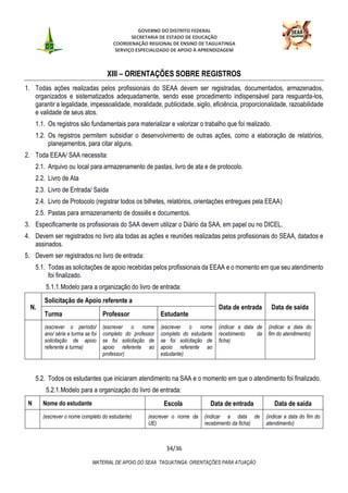 GOVERNO DO DISTRITO FEDERAL
SECRETARIA DE ESTADO DE EDUCAÇÃO
COORDENAÇÃO REGIONAL DE ENSINO DE TAGUATINGA
SERVIÇO ESPECIALIZADO DE APOIO À APRENDIZAGEM
34/36
MATERIAL DE APOIO DO SEAA TAGUATINGA: ORIENTAÇÕES PARA ATUAÇÃO
XIII – ORIENTAÇÕES SOBRE REGISTROS
1. Todas ações realizadas pelos profissionais do SEAA devem ser registradas, documentados, armazenados,
organizados e sistematizados adequadamente, sendo esse procedimento indispensável para resguarda-los,
garantir a legalidade, impessoalidade, moralidade, publicidade, sigilo, eficiência, proporcionalidade, razoabilidade
e validade de seus atos.
1.1. Os registros são fundamentais para materializar e valorizar o trabalho que foi realizado.
1.2. Os registros permitem subsidiar o desenvolvimento de outras ações, como a elaboração de relatórios,
planejamentos, para citar alguns.
2. Toda EEAA/ SAA necessita:
2.1. Arquivo ou local para armazenamento de pastas, livro de ata e de protocolo.
2.2. Livro de Ata
2.3. Livro de Entrada/ Saída
2.4. Livro de Protocolo (registrar todos os bilhetes, relatórios, orientações entregues pela EEAA)
2.5. Pastas para armazenamento de dossiês e documentos.
3. Especificamente os profissionais do SAA devem utilizar o Diário da SAA, em papel ou no DICEL.
4. Devem ser registrados no livro ata todas as ações e reuniões realizadas pelos profissionais do SEAA, datados e
assinados.
5. Devem ser registrados no livro de entrada:
5.1. Todas as solicitações de apoio recebidas pelos profissionais da EEAA e o momento em que seu atendimento
foi finalizado.
5.1.1.Modelo para a organização do livro de entrada:
N.
Solicitação de Apoio referente a
Data de entrada Data de saída
Turma Professor Estudante
(escrever o período/
ano/ série e turma se foi
solicitação de apoio
referente à turma)
(escrever o nome
completo do professor
se foi solicitação de
apoio referente ao
professor)
(escrever o nome
completo do estudante
se foi solicitação de
apoio referente ao
estudante)
(indicar a data de
recebimento da
ficha)
(indicar a data do
fim do atendimento)
5.2. Todos os estudantes que iniciaram atendimento na SAA e o momento em que o atendimento foi finalizado.
5.2.1.Modelo para a organização do livro de entrada:
N Nome do estudante Escola Data de entrada Data de saída
(escrever o nome completo do estudante) (escrever o nome da
UE)
(indicar a data de
recebimento da ficha)
(indicar a data do fim do
atendimento)
 