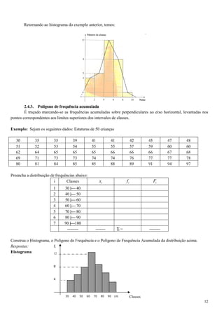12
Retornando ao histograma do exemplo anterior, temos:
2.4.3. PPoollííggoonnoo ddee ffrreeqquuêênncciiaa aaccuummuullaaddaa
É traçado marcando-se as frequências acumuladas sobre perpendiculares ao eixo horizontal, levantadas nos
pontos correspondentes aos limites superiores dos intervalos de classes.
Exemplo: Sejam os seguintes dados: Estaturas de 50 crianças
30 35 35 39 41 41 42 45 47 48
51 52 53 54 55 55 57 59 60 60
62 64 65 65 65 66 66 66 67 68
69 71 73 73 74 74 76 77 77 78
80 81 84 85 85 88 89 91 94 97
Preencha a distribuição de frequências abaixo:
i Classes ix if iF
1 30 | 40
2 40 | 50
3 50 | 60
4 60 | 70
5 70 | 80
6 80 | 90
7 90 |100
-------- ------- Σ = --------
Construa o Histograma, o Polígono de Frequência e o Polígono de Frequência Acumulada da distribuição acima.
Respostas:
Histograma
4
8
12
30 40 50 60 70 80 90 100
fi
Classes
 
