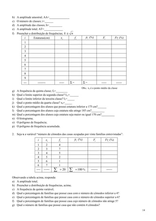 14
b) A amplitude amostral; AA=______________
c) O número de classes; i=______
d) A amplitude das classes; h=_________
e) A amplitude total; AT=_____________
f) Preencher a distribuição de frequências; nk ≅
i Estaturas(cm) ix if ifr (%) iF iFr (%)
1
2
3
4
5
6
7
8
9
--- -------- ----- Σ = Σ = ----- ------
g) A frequência da quinta classe; f5=________
h) Qual o limite superior da segunda classe? L2=______
i) Qual o limite inferior da terceira classe? l3=_____
j) Qual o ponto médio da quarta classe? x4=_____
k) Qual a porcentagem dos alunos que possui estatura inferior a 175 cm?______
l) Qual a porcentagem dos alunos cuja estatura não atinge 185 cm?_________
m) Qual a porcentagem dos alunos cuja estatura seja maior ou igual 170 cm?_________
n) O histograma;
o) O polígono de frequência;
p) O polígono de frequência acumulada.
2. Seja x a variável “número de cômodos das casas ocupadas por vinte famílias entrevistadas”:
Observando a tabela acima, responda:
a) A amplitude total;
b) Preencher a distribuição de frequências, acima;
c) A frequência da quinta variável;
d) Qual a porcentagem de famílias que possui casa com o número de cômodos inferior a 4?
e) Qual a porcentagem de famílias que possui casa com o número de cômodos superior a 6?
f) Qual a porcentagem de famílias que possui casa cujo número de cômodos não atinge 5?
g) Qual o número de famílias que possui casa que não contém 4 cômodos?
i ix if ifr (%) iF iFr (%)
1 2 4
2 3 7
3 4 5
4 5 2
5 6 1
6 7 1
---- ------ 20=∑ 100=∑ % ------- ------
Obs.: xi é o ponto médio da classe
 