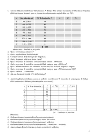 17
6. Em uma fábrica foram testadas 400 luminárias. A duração delas aparece na seguinte distribuição de frequência
(Utilize três casas decimais para as frequências relativas e não multiplicá-las por 100):
i Duração (horas) N° de luminárias if ifr iF iFr
1 300 |-- 400 14
2 400 |-- 500 46
3 500 |-- 600 58
4 600 |-- 700 76
5 700 |-- 800 68
6 800 |-- 900 62
7 900 |-- 1000 48
8 1000 |-- 1100 22
9 1100 |-- 1200 6
-- -------- ΣΣΣΣ = 400 ---- -------
Observando a distribuição, responda:
a) Qual a amplitude de cada classe?
b) Qual a amplitude total da distribuição?
c) Complete a tabela de distribuição por frequência.
d) Qual a frequência relativa da sétima classe?
e) Qual o percentual de luminárias com durabilidade inferior a 600 horas?
f) Qual o percentual de luminárias com durabilidade maior ou igual a 800 horas?
g) Qual a durabilidade média das luminárias inclusas na classe de maior frequência simples?
h) Qual o percentual de luminárias com durabilidade maior ou igual a 700 e menor que 1000?
i) Qual a classe da 155ª luminária?
j) Até que classe está incluída 65% das luminárias?
7. A distribuição abaixo indica o número de acidentes ocorridos com 70 motoristas de uma empresa de ônibus
(Utilize duas casas decimais para as frequências relativas):
i Nº de acidentes ( ix ) if ifr (%) iF iFr (%)
1 0 20
2 1 10
3 2 16
4 3 9
5 4 6
6 5 5
7 6 3
8 7 1
ΣΣΣΣ = ΣΣΣΣ =100%
Determine:
a) O número de motoristas que não sofreram nenhum acidente;
b) O número de motoristas que sofreram pelo menos 4 acidentes;
c) O número de motoristas que sofreram menos de 3 acidentes;
d) O número de motoristas que sofreram no mínimo 3 e no máximo 5 acidentes;
e) A porcentagem de motoristas que sofreram no máximo 2 acidentes.
Obs.: fi é o número de motoristas
 