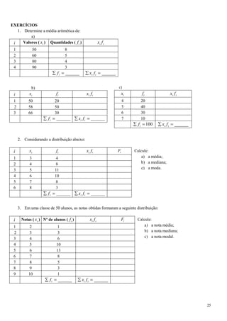 25
EXERCÍCIOS
1. Determine a média aritmética de:
a)
b)
2. Considerando a distribuição abaixo:
Calcule:
a) a média;
b) a mediana;
c) a moda.
3. Em uma classe de 50 alunos, as notas obtidas formaram a seguinte distribuição:
Calcule:
a) a nota média;
b) a nota mediana;
c) a nota modal.
i Valores ( ix ) Quantidades ( if ) ii fx
1 50 8
2 60 5
3 80 4
4 90 3
______=∑ if ______=∑ ii fx
i ix if ii fx
1 50 20
2 58 50
3 66 30
______=∑ if ______=∑ ii fx
ix if ii fx
4 20
5 40
6 30
7 10
100=∑ if ______=∑ ii fx
i ix if ii fx iF
1 3 4
2 4 8
3 5 11
4 6 10
5 7 8
6 8 3
______=∑ if ______=∑ ii fx
i Notas ( ix ) Nº de alunos ( if ) ii fx iF
1 2 1
2 3 3
3 4 6
4 5 10
5 6 13
6 7 8
7 8 5
8 9 3
9 10 1
______=∑ if ______=∑ ii fx
c)
 