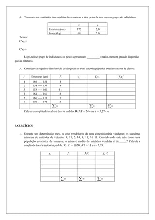 4. Tomemos os resultados das medidas das estaturas e dos pesos de um mesmo grupo de indivíduos:
x s
Estaturas (cm) 175 5,0
Pesos (kg) 68 2,0
Temos:
CVE =
CVP =
Logo, nesse grupo de indivíduos, os pesos apresentam _________ (maior, menor) grau de dispersão
que as estaturas.
5. Considere a seguinte distribuição de frequências com dados agrupados com intervalos de classe:
i Estaturas (cm) if ix ii xf 2
ii xf
1 150 |---- 154 4
2 154 |---- 158 9
3 158 |---- 162 11
4 162 |---- 166 8
5 166 |---- 170 5
6 170 |---- 174 3
∑= ∑= ∑=
Calcule a amplitude total e o desvio padrão. R: AT = 24 cm e s = 5,57 cm.
EXERCÍCIOS
1. Durante um determinado mês, os oito vendedores de uma concessionária venderam os seguintes
números de unidades de veículos: 8, 11, 5, 14, 8, 11, 16, 11. Considerando este mês como uma
população estatística de interesse, o número médio de unidades vendidas é de:_____? Calcule a
amplitude total e o desvio padrão. R: x = 10,50, AT = 11 e s = 3,28.
ix if ii xf 2
ii xf
∑= ∑= ∑=
 