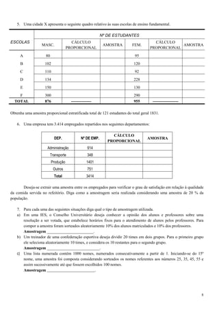 8
5. Uma cidade X apresenta o seguinte quadro relativo às suas escolas de ensino fundamental.
Obtenha uma amostra proporcional estratificada total de 121 estudantes do total geral 1831.
6. Uma empresa tem 3.414 empregados repartidos nos seguintes departamentos:
DEP. Nº DE EMP.
CÁLCULO
PROPORCIONAL
AMOSTRA
Administração 914
Transporte 348
Produção 1401
Outros 751
Total 3414
Deseja-se extrair uma amostra entre os empregados para verificar o grau de satisfação em relação à qualidade
da comida servida no refeitório. Diga como a amostragem seria realizada considerando uma amostra de 20 % da
população.
7. Para cada uma das seguintes situações diga qual o tipo de amostragem utilizada.
a) Em uma IES, o Conselho Universitário deseja conhecer a opinião dos alunos e professores sobre uma
resolução a ser votada, que estabelece horários fixos para o atendimento de alunos pelos professores. Para
compor a amostra foram sorteados aleatoriamente 10% dos alunos matriculados e 10% dos professores.
Amostragem _______________________.
b) Um treinador de uma confederação esportiva deseja dividir 20 times em dois grupos. Para o primeiro grupo
ele seleciona aleatoriamente 10 times, e considera os 10 restantes para o segundo grupo.
Amostragem __________________________.
c) Uma lista numerada contém 1000 nomes, numerados consecutivamente a partir de 1. Iniciando-se do 15º
nome, uma amostra foi composta considerando sorteados os nomes referentes aos números 25, 35, 45, 55 e
assim sucessivamente até que fossem escolhidos 100 nomes.
Amostragem __________________________.
ESCOLAS
Nº DE ESTUDANTES
MASC.
CÁLCULO
PROPORCIONAL
AMOSTRA FEM.
CÁLCULO
PROPORCIONAL
AMOSTRA
A 80 95
B 102 120
C 110 92
D 134 228
E 150 130
F 300 290
TOTAL 876 --------------- 955 -------------------
 