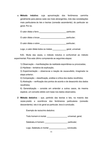 11
a. Método indutivo: cuja aproximação dos fenômenos caminha
geralmente para planos cada vez mais abrangentes, indo das constatações
mais particulares às leis e teorias (conexão ascendente); do particular ao
geral. Por ex.
O calor dilata o ferro ________________________ particular;
O calor dilata o broze _______________________ particular;
O calor dilata o cobre _______________________ particular;
Logo, o calor dilata todos os metais ____________ geral, universal.
N.B.: Muita das vezes, o método indutivo é confundível ao método
experimental. Pois este último compreende as seguintes etapas:
1) Observação – manifestações da realidade espontânea ou provocadas;
2) Hipótese – tentativa de explicação;
3) Experimentação – observa-se a reação de causa-efeito, imaginada na
etapa anterior;
4) Comparação – classificação, análise e crítica dos dados recolhidos;
5) Abstração – verificação dos pontos de acordo e de desacordo dos dados
recolhidos;
6) Generalização – consiste em entender a outros casos, da mesma
espécie, um conceito obtido com base nos dados observados.
2 Método dedutivo – que, partindo das teorias e leis, na maioria das
vezes prediz a ocorrência dos fenômenos particulares (conexão
descendente); isto é do geral ao particular, leva à conclusão.
Exemplo de raciocínio dedutivo:
Todo homem é mortal. __________________ universal, geral;
Salakiaku é homem; ____________________ particular;
Logo, Salakiaku é mortal ________________ conclusão.
 