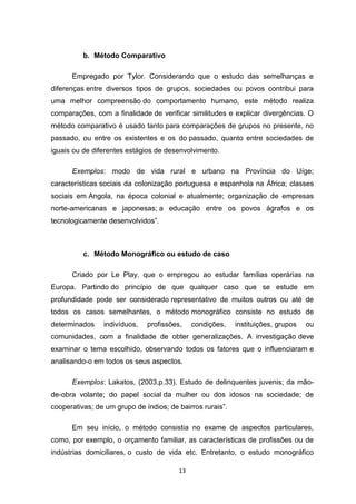 13
b. Método Comparativo
Empregado por Tylor. Considerando que o estudo das semelhanças e
diferenças entre diversos tipos de grupos, sociedades ou povos contribui para
uma melhor compreensão do comportamento humano, este método realiza
comparações, com a finalidade de verificar similitudes e explicar divergências. O
método comparativo é usado tanto para comparações de grupos no presente, no
passado, ou entre os existentes e os do passado, quanto entre sociedades de
iguais ou de diferentes estágios de desenvolvimento.
Exemplos: modo de vida rural e urbano na Província do Uíge;
características sociais da colonização portuguesa e espanhola na África; classes
sociais em Angola, na época colonial e atualmente; organização de empresas
norte-americanas e japonesas; a educação entre os povos ágrafos e os
tecnologicamente desenvolvidos”.
c. Método Monográfico ou estudo de caso
Criado por Le Play, que o empregou ao estudar famílias operárias na
Europa. Partindo do princípio de que qualquer caso que se estude em
profundidade pode ser considerado representativo de muitos outros ou até de
todos os casos semelhantes, o método monográfico consiste no estudo de
determinados indivíduos, profissões, condições, instituições, grupos ou
comunidades, com a finalidade de obter generalizações. A investigação deve
examinar o tema escolhido, observando todos os fatores que o influenciaram e
analisando-o em todos os seus aspectos.
Exemplos: Lakatos, (2003,p.33). Estudo de delinquentes juvenis; da mão-
de-obra volante; do papel social da mulher ou dos idosos na sociedade; de
cooperativas; de um grupo de índios; de bairros rurais”.
Em seu início, o método consistia no exame de aspectos particulares,
como, por exemplo, o orçamento familiar, as características de profissões ou de
indústrias domiciliares, o custo de vida etc. Entretanto, o estudo monográfico
 