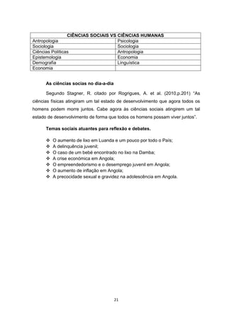 21
CIÊNCIAS SOCIAIS VS CIÊNCIAS HUMANAS
Antropologia Psicologia
Sociologia Sociologia
Ciências Políticas Antropologia
Epistemologia Economia
Demografia Linguística
Economia
As ciências socias no dia-a-dia
Segundo Stagner, R. citado por Rogrigues, A. et al. (2010,p.201) “As
ciências físicas atingiram um tal estado de desenvolvimento que agora todos os
homens podem morre juntos. Cabe agora às ciências sociais atingirem um tal
estado de desenvolvimento de forma que todos os homens possam viver juntos”.
Temas sociais atuantes para reflexão e debates.
 O aumento de lixo em Luanda e um pouco por todo o País;
 A delinquência juvenil;
 O caso de um bebé encontrado no lixo na Damba;
 A crise económica em Angola;
 O empreendedorismo e o desemprego juvenil em Angola;
 O aumento de inflação em Angola;
 A precocidade sexual e gravidez na adolescência em Angola.
 