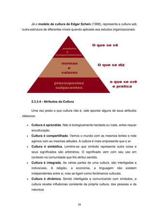 28
Já o modelo de cultura de Edgar Schein (1988), representa a cultura sob
outra estrutura de diferentes níveis quando aplicada aos estudos organizacionais:
2.3.3.4 - Atributos da Cultura
Uma vez posto o que cultura não é, vale apontar alguns de seus atributos
clássicos:
 Cultura é aprendida. Não é biologicamente herdada ou inata, antes requer
enculturação.
 Cultura é compartilhada. Vemos o mundo com as mesmas lentes e nele
agimos com as mesmas atitudes. A cultura é mais onipresente que o ar.
 Cultura é simbólica. Lembre-se que símbolo representa outra coisa e
seus significados são arbitrários. O significado vem com seu uso em
contexto na comunidade que lhe atribui sentido.
 Cultura é integrada. As várias partes de uma cultura, são interligadas e
indivisíveis. A religião, a economia, a linguagem não existem
independentes entre si, mas se ligam como fenômenos culturais.
 Cultura é dinâmica. Sendo interligada e comunicando com símbolos, a
cultura recebe influências constante da própria cultura, das pessoas e da
natureza.
 