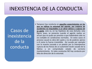 INEXISTENCIA DE LA CONDUCTA
• Tampoco hay conducta en aquellos acaecimientos en los
que no influye la voluntad del agente, por tratarse de
accidentes no imputables a un obrar doloso o culposo de
su parte, esto es, en las hipótesis de caso fortuito; esta
figura, pues, se presenta cuando el agente realiza un
actuar que no pudo ser previsto o que habiéndolo sido no
era evitable en condiciones normales. En estos casos el
proceso causal es obra del sujeto y no de poderes ajenos
a él como la fuerza irresistible. Así sucede por ejemplo
con la muerte causada a un peatón por la intempestiva
ruptura de los frenos de un automóvil recién sacado de la
fábrica y en comprobado estado de correcto
mantenimiento. En tales conductas NO hay conducta por
falta de dirección de la voluntad.
Casos de
inexistencia
de la
conducta
 