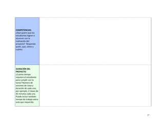 COMPETENCIAS:
¿Qué quiero que los
estudiantes logren o
alcancen con la
realización del
proyecto? Responda:
quién, qué, cómo y
cuánto.




DURACIÓN DEL
PROYECTO
¿Cuánto tiempo
requiere el estudiante
para cumplir con la
tarea? Número de
sesiones de clase y
duración de cada una;
por ejemplo, 2 clases de
45 minutos cada una.
Puede incluir también
tiempo de trabajo extra-
aula que requerido.




                           27
 
