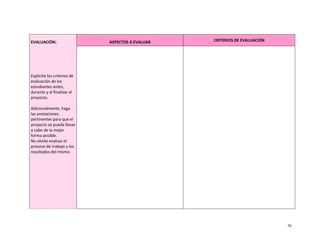 EVALUACIÓN:                  ASPECTOS A EVALUAR   CRITERIOS DE EVALUACIÓN




Explicite los criterios de
evaluación de los
estudiantes antes,
durante y al finalizar el
proyecto.

Adicionalmente, haga
las anotaciones
pertinentes para que el
proyecto se pueda llevar
a cabo de la mejor
forma posible.
No olvide evaluar el
proceso de trabajo y los
resultados del mismo.




                                                                            30
 