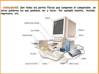 HARDWARE:  S on todas las partes físicas que componen el computador, en otras palabras las que podemos ver y tocar. Por ejemplo monitor, teclado, impresora, etc . 