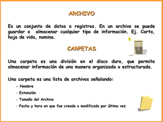 ARCHIVO Es un conjunto de datos o registros. En un archivo se puede guardar o  almacenar cualquier tipo de información. Ej. Carta, hoja de vida, nomina. CARPETAS Una carpeta es una división en el disco duro, que permite almacenar información de una manera organizada o estructurada. Una carpeta es una lista de archivos señalando: - Nombre  Extensión Tamaño del Archivo Fecha y hora en que fue creado o modificado por última vez 