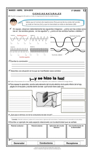 Derechos reservados GOB. EDO. DE CHIHUAHUA. SEECH. MTP
Ponemos a su disposición la página http://primarias.cetechihuahua.gob.mx
A.E. Describe la propagación del sonido en el oído y la importancia de evitar los sonidos intensos.
 En equipo, observen detenidamente las siguientes imágenes: ¿cómo son las ondas sono-
ras en los sonidos graves, en los agudos? y ¿como en los sonidos fuertes o débiles ?
Escribe tu conclusión: _______________________________________________________
________________________________________________________________________
________________________________________________________________________
________________________________________________________________________
Describe una situación en la que se manifiesten esos sonidos: _______________________
_________________________________________________________________________
_________________________________________________________________________
 Para repasar lo aprendido, recorta cada elemento del circuito eléctrico de la parte inferior de la hoja,
pégalo en el recuadro y escribe dentro de éste qué función tiene cada uno.
 ¿Qué pasa si eliminas uno de los conductores de este circuito?________________________________________
__________________________________________________________________________________________

......................................................................................................................................................................................
Sonidos graves
Sonidos agudos
____________________________
____________________________
____________________________
____________________________
____________________________
____________________________
____________________________
____________________________
____________________________
____________________________
____________________________
____________________________
_
____________________________
____________________________
____________________________
____________________________
13MARZO - ABRIL 2014-2015 5° GRADO
C I E N C I A S N A T U R A L E S
Sabías que el número de repeticiones (frecuencia) de las ondas del sonido
se mide en hercios (Hz) y que la intensidad se mide en decibeles (dB).
Generador Conductores Receptores
A.E. Explica el funcionamiento de un circuito eléctrico a partir de sus componentes, como conductores o aislantes de la energía eléctrica.
Contenidos: Materiales conductores y aislantes de la corriente eléctrica. Aplicaciones del circuito eléctrico. Transformaciones de la electricidad en la vida cotidiana.
Material conductor : Material aislante : Aplicación del circuito
eléctrico :
Una transformación de
la electricidad :
Escribe un ejemplo de cada aspecto relacionado con la electricidad que se señala:
 