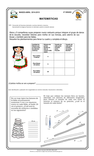 Derechos reservados GOB. EDO. SEECH MTP
Ponemos a su disposición la página http://primarias.cetechihuahua.gob.mx
Elena y 9 compañeras suyas preparan nuevo vestuario porque integran el grupo de danza
de la escuela; necesitan listones para moños en sus trenzas, para adorno de sus
blusas y también para las faldas.
Resuelve los planteamientos para llenar tu cuadro y completa el dibujo.
Cantidad de
listones que
se tiene para
los adornos
(metros)
Número de
partes
iguales en
que se
cortará cada
metro
Tamaño de
cada parte
anotada
como
fracción
Tamaño de
cada parte
anotada
con punto
decimal
Para moños
5 metros
4
Para blusas
10 metros
5
Para faldas
10 metros
10
¿Cuántos moños se van a preparar? ________________________________
MARZO-ABRIL 2014-2015 6° GRADO
MATEMÁTICAS Zona Norte
⑤
A. E. Conversión de fracciones decimales a escritura decimal y viceversa.
Aproximación de algunas fracciones no decimales usando la notación decimal.
A. E. Identificación y aplicación de la regularidad con números (naturales, fraccionarios o decimales).
En un traje típico los listones de
la falda sucesivamente
aumentan 5 cm y se requieren
nueve en cada falda, al medir 20
cm el primero, ¿Cuál será la
sucesión de números o medidas
en los siguientes?
20 cm
El traje que utilizan los varones lleva un bastón,
adornado con listones de diferentes longitudes,
para obtener el tamaño de cada uno suma al
anterior el número de su posición, ¿cuál es el
tamaño de cada listón?
1° 2°
3° _____ cm
4°
____ cm
_____ cm
5°
6°
____ cm
7° ____ cm
8° ____ cm
3 cm
5 cm
 