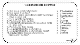 Relaciona las dos columnas
1. Se le conoce como la “cultura madre”
2. Es la “cuidad de los dioses”
3. Esta cultura creo un sistema de numeración vigesimal que
incluía el número cero
4. Fue la capital del imperio tolteca
5. Principal cuidad de los zapotecas
6. Este imperio fue conquistado por los españoles al mando
de Hernán cortés
7. Principal cuidad de las mexicas
8. ¿en qué periodo se ubica la cultura olmeca
9. ¿en qué periodo se ubica la cultura tolteca y mexica?
10.En qué periodo se ubican las culturas: mayas,
teotihuacana y zapoteca?
( ) Teotihuacana
( ) Tenochtitlan
( ) Monte Albán
( ) Tula
( ) Clásico
( ) Preclásico
( ) Posclásico
( ) Olmeca
( ) Maya
( ) Mexica
 